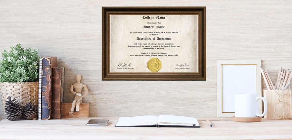 Framed college diploma