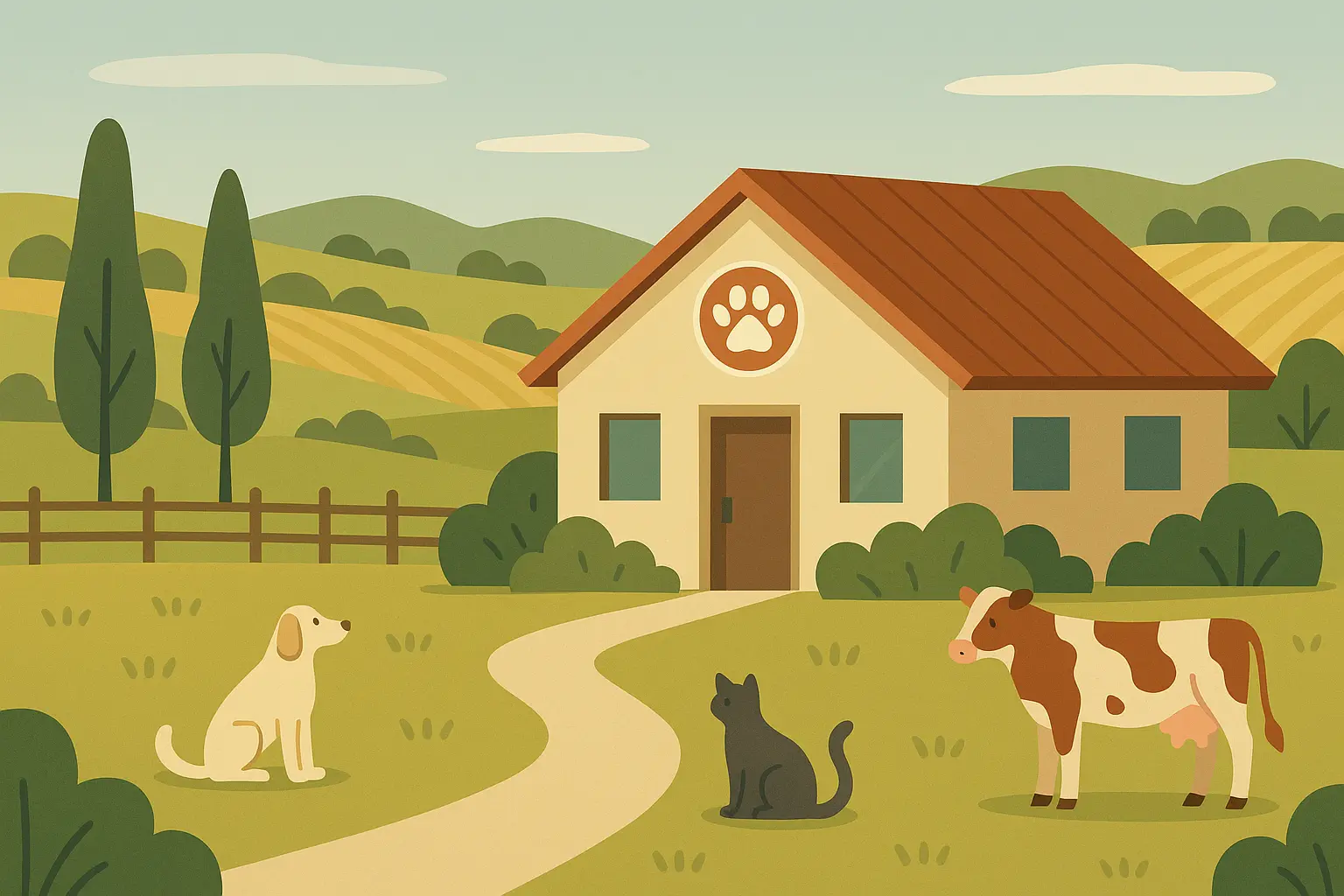 Rural veterinary clinic with mountain landscape