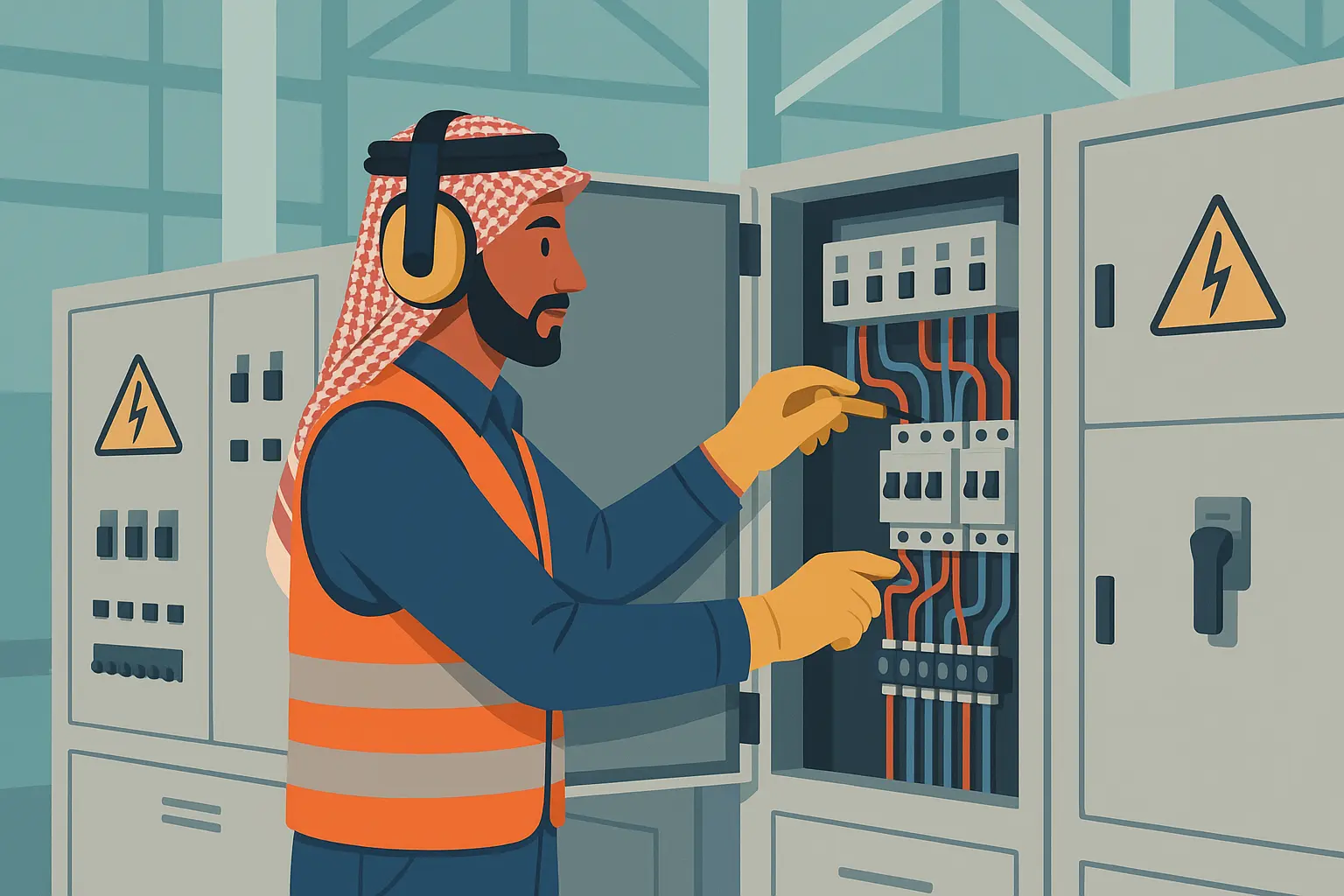 Electrician working on electrical panel in Saudi Arabia