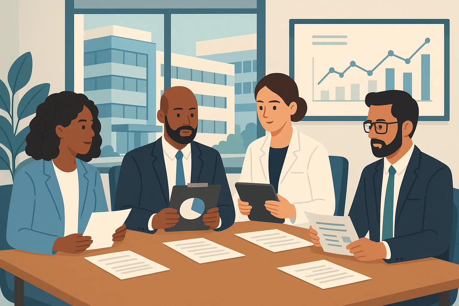 Hospital administrator reviewing financial reports