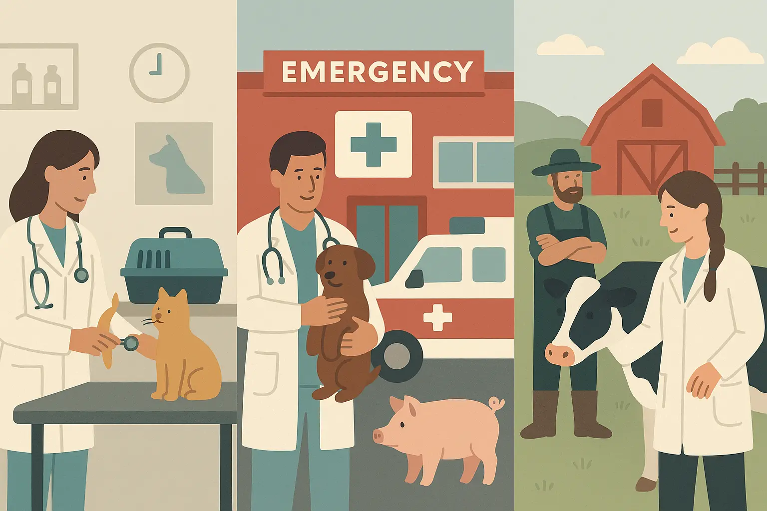Various veterinary practice types from general to specialty clinics