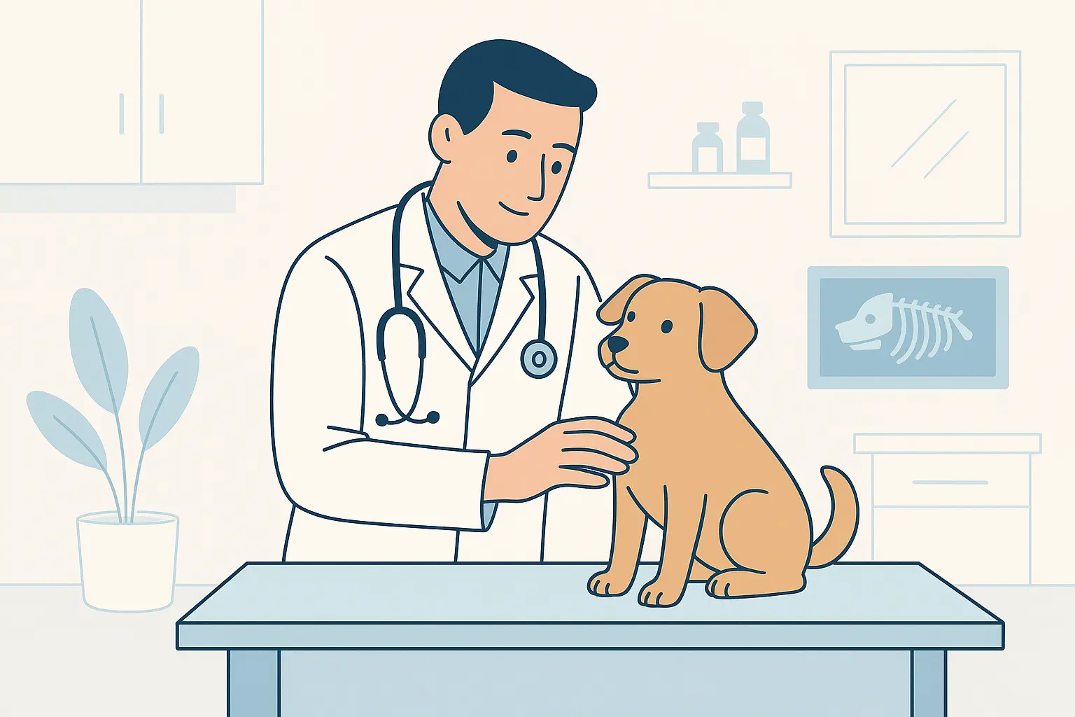 Veterinarian examining a dog in a modern clinic