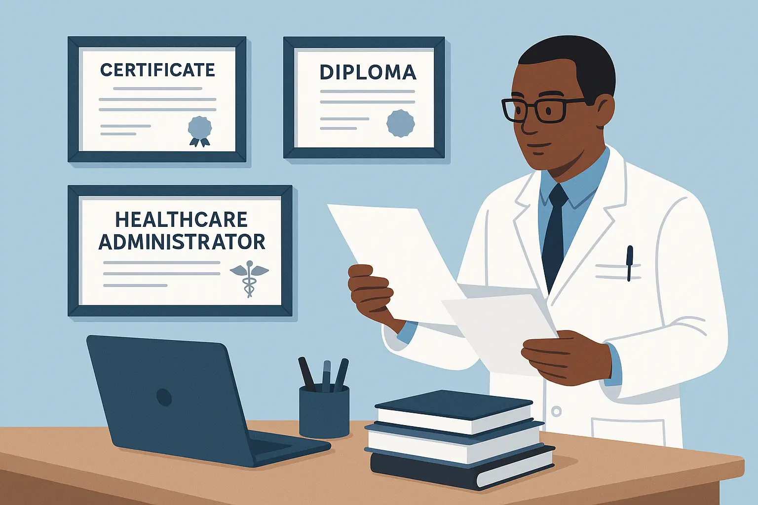 Professional diploma display in hospital administrator office