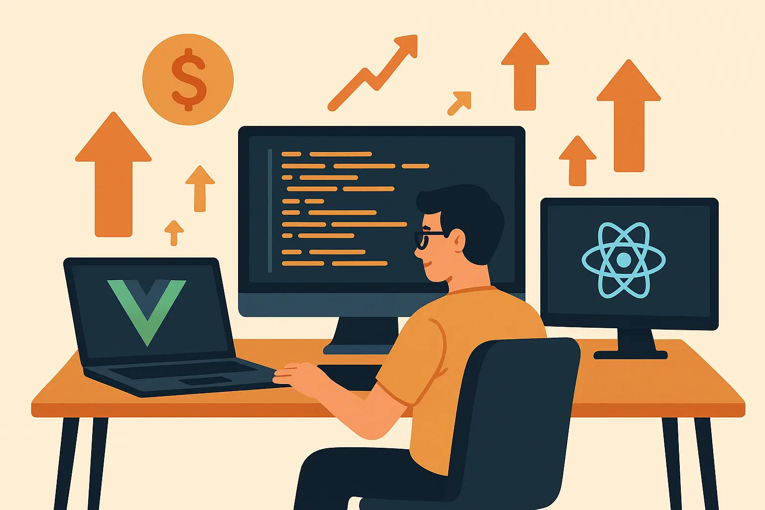 Mid-level developer working on multiple screens in Dubai office