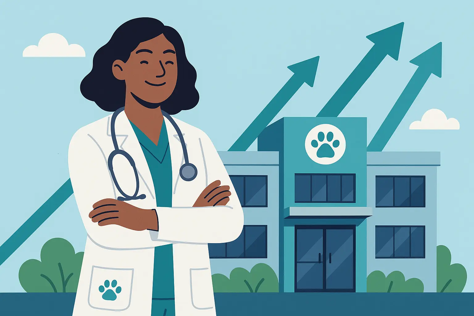 Successful veterinarian in modern practice with financial success indicators