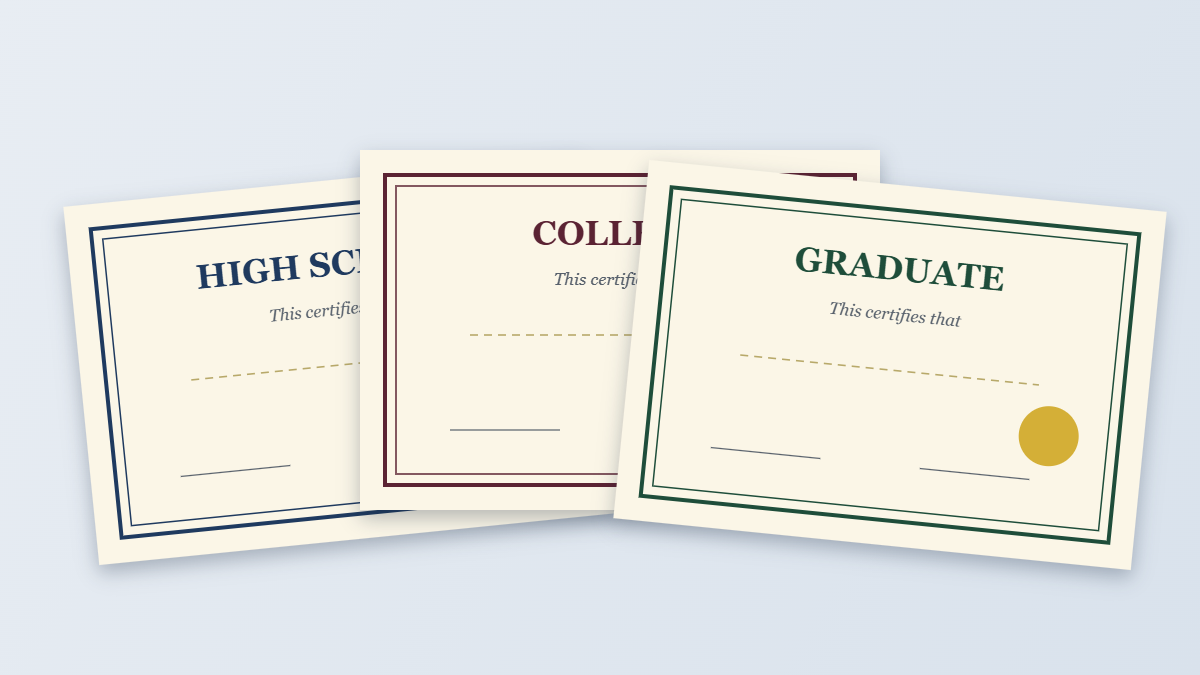 Three diploma templates fanned out: high school, college, and graduate