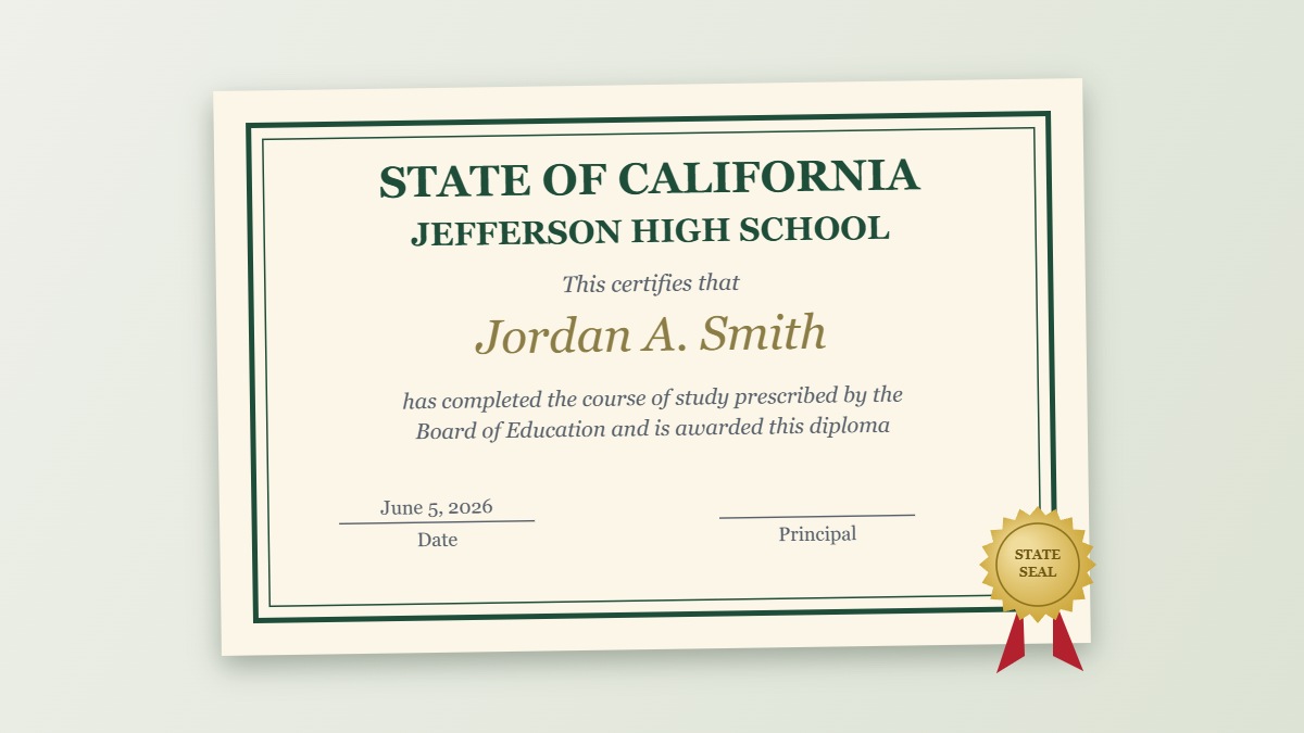 Example of what a high school diploma looks like, with school name, student name, and gold state seal