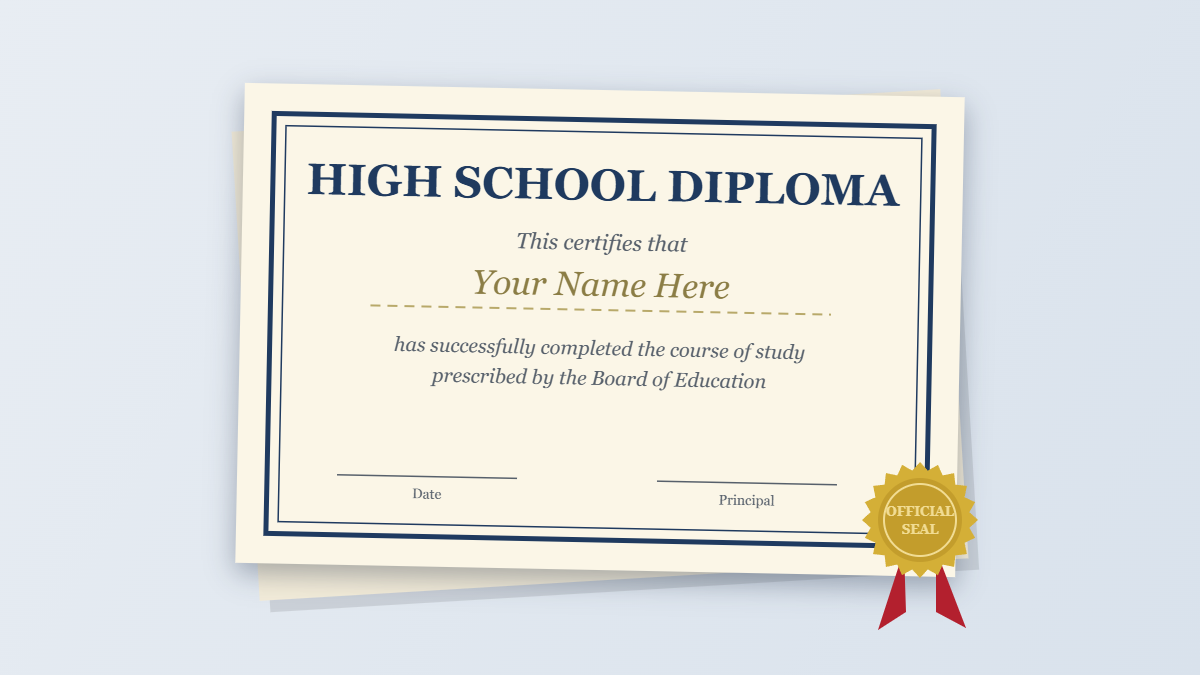 Blank high school diploma template with a name placeholder and gold seal