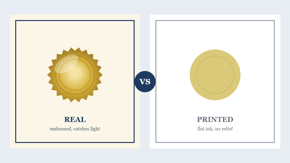 Embossed gold diploma seal compared side by side with a flat printed seal