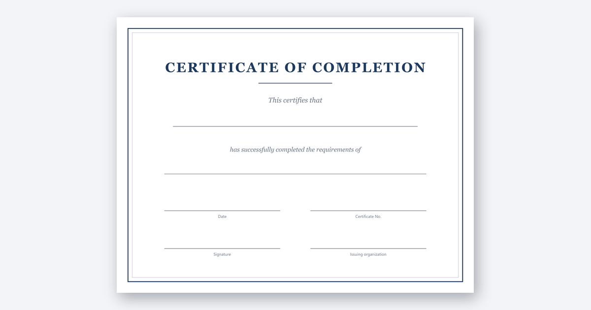 Blank certificate of completion template on a plain background