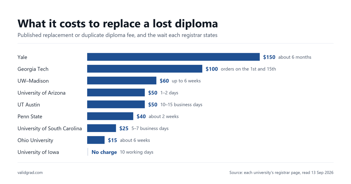 Bar chart of published replacement diploma fees at nine US universities, from no charge at the University of Iowa to 150 dollars at Yale.