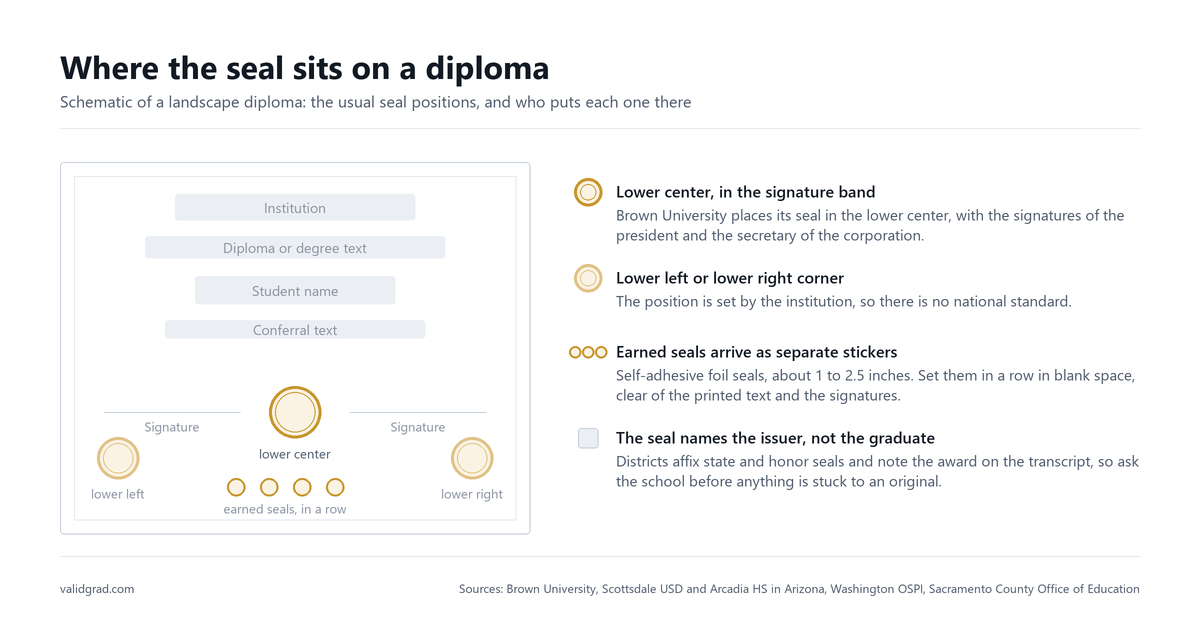 Schematic of a landscape diploma marking the usual seal spots: lower center, lower left or right, and earned seals.
